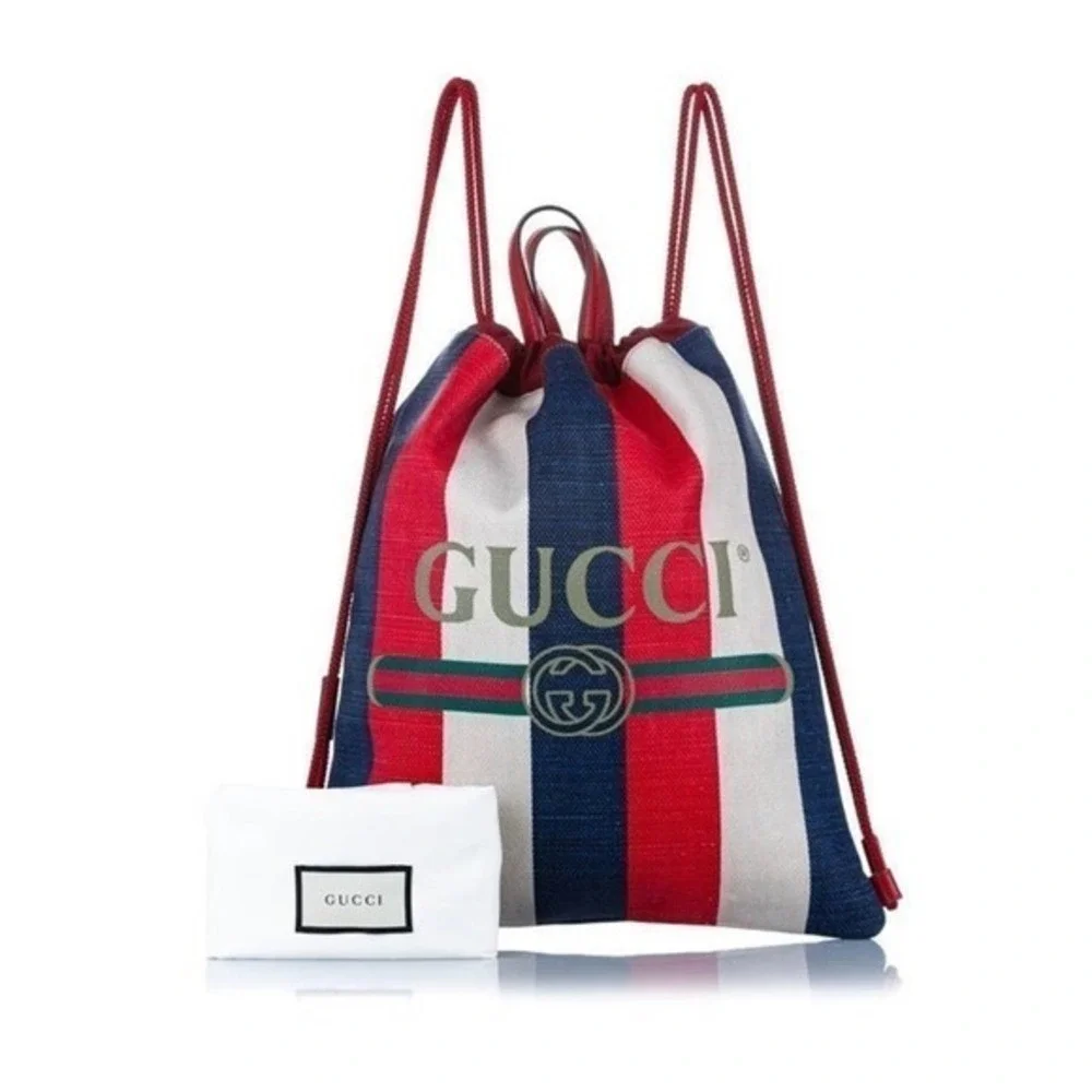 🆕GUCCI🌟NWT- Full Size Backpack | Leather + Striped Canvas Gucci Bag! DUSTBAG!